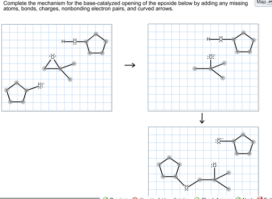 Image for Complete the mechanism for the base-catalyzed opening of the epoxide below by adding any missing atoms, bonds,