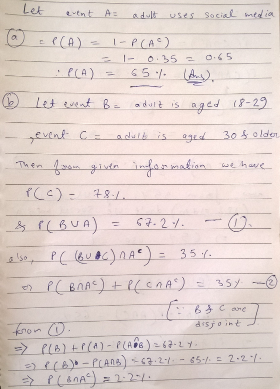 Let event A adult uses social media @ =P(A) = l-PCA) - .P(A) = = - 0.35 = 0.65 65 % (Aus). 6 let event Be adult is aged 18-2