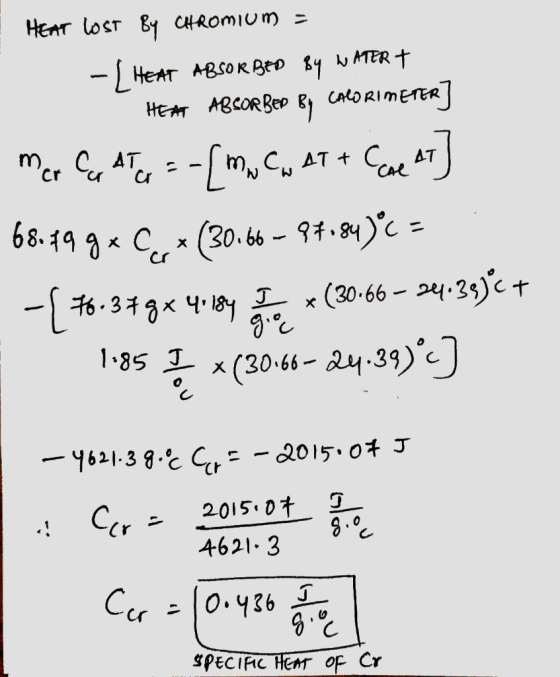 HEAT LOST BY CHROMIUM - HEAT ABSORBED BY WATERT HEAT ABSORBER BY CALORIMETER] mer Ca A To = -[MW CAT + Cone Ar] 68.19.9* ©* (