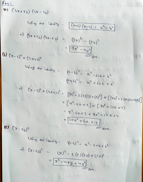 tal (384+ 2y) (3x – 2y) using the identity (a+b) (a-6) - a²- 62 =) (3x +2y) (3x-2y) It (3x)2 – (24) 9x² (b) (x-3)² + (3x+2)?