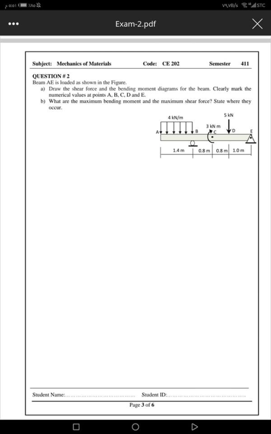 20:01 V.VB/s STC Exam-2.pdf Subject: Mechanics of Materials Code: CE 202 Semester 411 QUESTION #2 Beam AE is loaded as shown