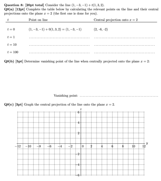 Question 8: [20pt total] Consider the line (1, -3, -1) + t(1,3,2). Q8)a) [12pt] Complete the table below by calculating the r
