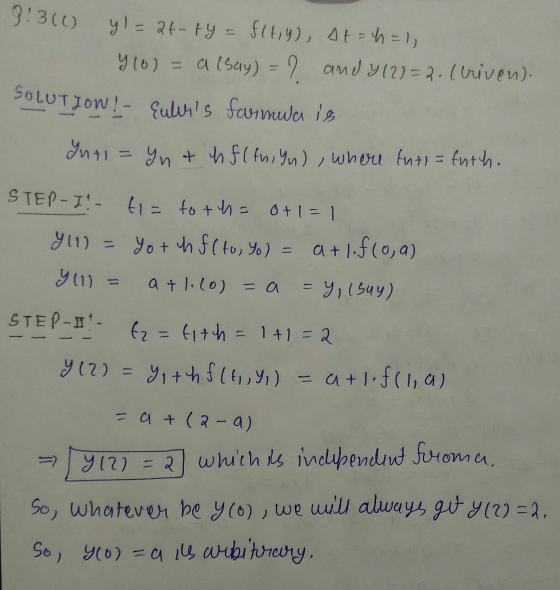 SOLUTIONI - Eulers formula is 913(1) yl=24-ty = f(4,4), At=ch=1, y (0) = a (say) = ? andy (21=2. ( Criven). Into = yn + h fl