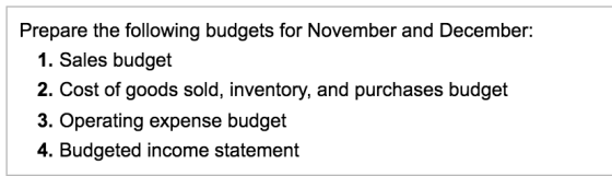 Prepare the following budgets for November and December: 1. Sales budget 2. Cost of goods sold, inventory, and purchases budg