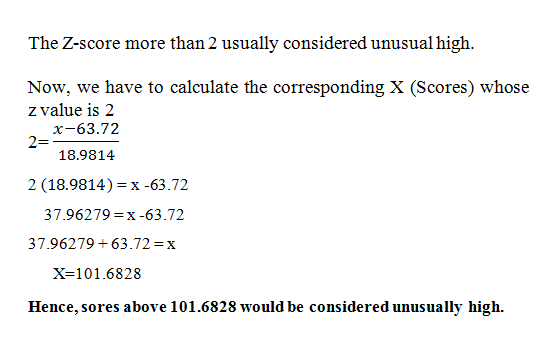 The Z-score more than 2 usually considered unusual high Now, we have to calculate the corresponding X (Scores) whose z value is 2 x-63.72 18.9814 2= 一 2 (18.9814) x-63.72 37.96279-x-63.72 37.96279 63.72-x X=101.6828 Hence, sores above 101.6828 would be considered unusually high.