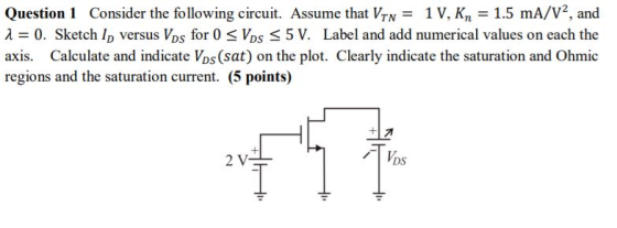 Question l Consider the following circuit. Assume that VTN- 1 V, Kn = 1.5 mA/V, and ? = 0. Sketch ID versus VDs for 0 Vos 5 V. Label and add numerical values on each the axis. Calculate and indicate VDs(sat) on the plot. Clearly indicate the saturation and Ohmic regions and the saturation current. (5 points) 2 V DS