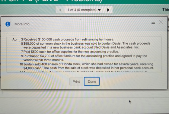 1 of 4 (0 complete) This More Info Apr 3 Received $100,000 cash proceeds from refinancing her house. 5$95,000 of common stock