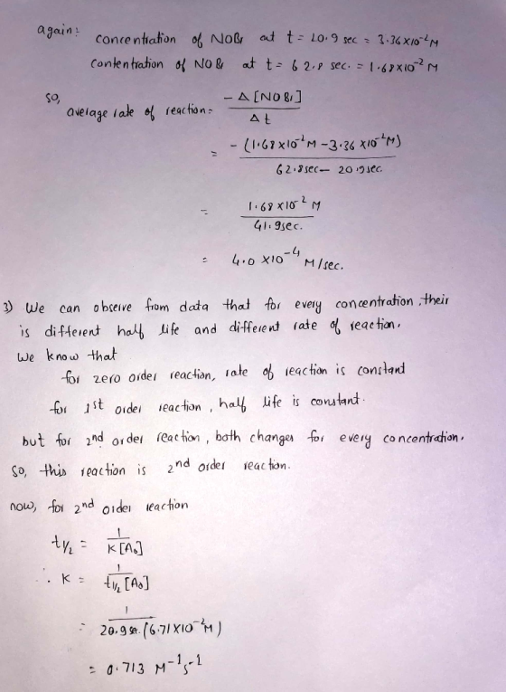 concentration of NOBR at t=20,9 sec = 3.368102 contentration of No Br at t = 62,8 sec. = 1.68x10²4 average rate of reaction -