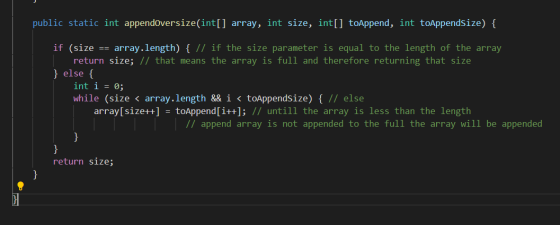 public static int appendoversize(int[] array, int size, int[] toAppend, int toAppendSize) {/ if (size == array.length) { // i