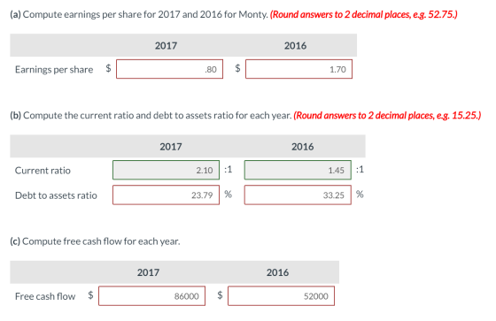 (a) Compute earnings per share for 2017 and 2016 for Monty. (Round answers to 2 decimal places, e.g. 52.75.) 2017 2016 Earnin