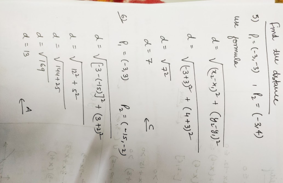 find the distance 5) P, =(-3,-3) 1 P2 = (-3, 4) зе отта d = √ (22-*,)2 + (y = 9,² d = √(3 +3)2 + (4+3)2 d=√72 d= 7c 16 P, = (