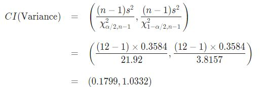 CI(Variance) = (n-1) s x 2,1-1 (n-1)s xi-a 2,n-1 - (0222015 (1303585 (12 - 1) x 0.3584 (12-1) X 0.3584 3.8157 21.92 = (0.1799
