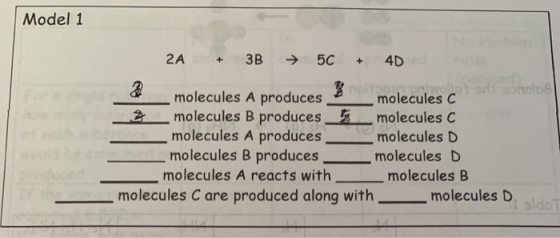 Model 1 22 2A + 3B 56 + 4D hold molecules A produces molecules C molecules B produces molecules c molecules A produces molecu