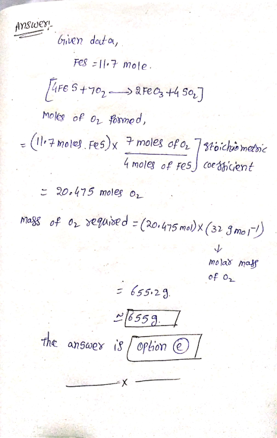 Answer! bien data, Fes = 11.7 mole [ure 5+792032F603 +4 50,] moles of Oz formed, (11.7 molel. Fes)x 7 moles of Oz 78toichiome