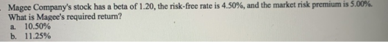 Magee Companys stock has a beta of 1.20, the risk-free rate is 4.50%, and the market risk premium is 5.00% What is Magees r