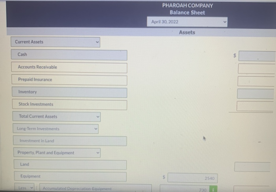 PHAROAH COMPANY Balance Sheet April 30, 2022 Assets Current Assets Cash Accounts Receivable Prepaid Insurance Inventory Stock