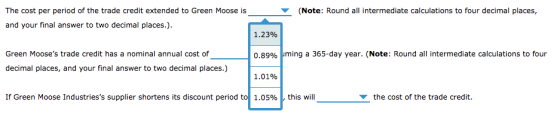 (Note: Round all intermediate calculations to four decimal places, The cost per period of the trade credit extended to Green