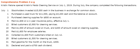 Comprehensive Problem 4 a-g Kristin Malone opened Kristins Maids Cleaning Service on July 1, 2019. During July, the company