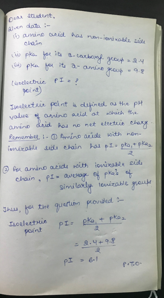 lear student, Alven data :- in amino aced has non-ionizable side chain w pka (ii) pka for its acarboxyl group =2.4 for its a-