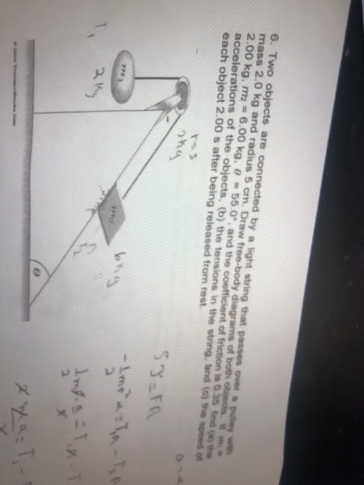 6. Two objects are connected by a light string that passes over a of 2.00 kg, m72-6.00 kg, θ t-55 o, and the accelerations of the objects, (b) the tensions in the string. and (c) the speed of each object 2.00 s after being released from rest of friction is 0.35 find (a) the on