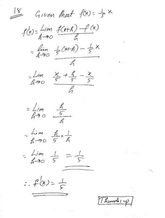 x Given that fu) = fdio Lima FC+h)-f(K) o ...h olen () - 5x - Lim x + 2 - 3 ho که ما که ۷۲ | - he ha fa)= / Thumbs up] dhi