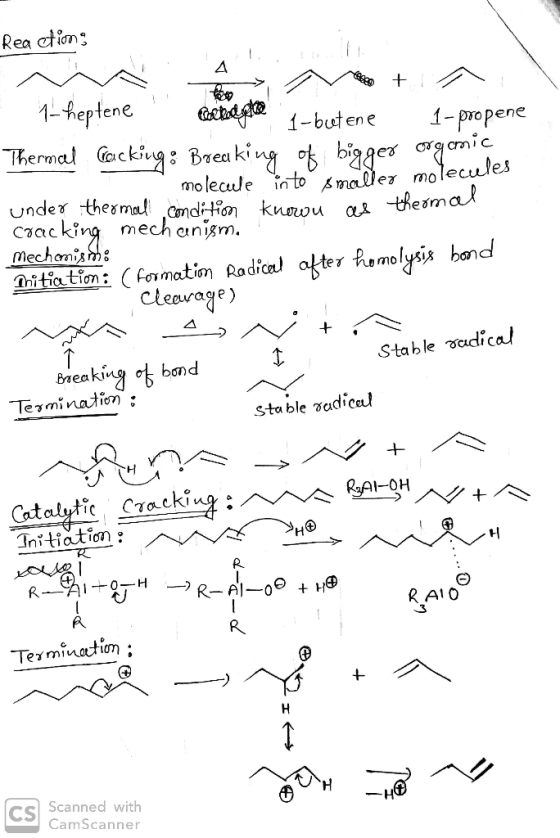 Reactions the pot > M oto + A 1-heptene . Cela 1-butene 1-propene Thermael Caicking: Breaking of bigger organic molecule into