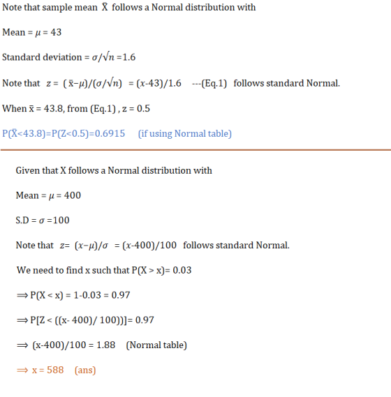 Note that sample mean X follows a Normal distribution with Mean μ = 43 Standard deviation σ/Vn 1.6 Note that z- (X-H)/(0/n) (