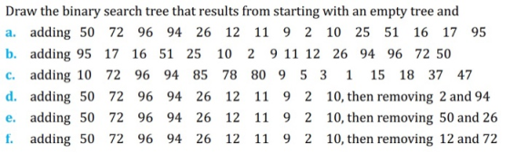 Draw the binary search tree that results from starting with an empty tree and a. adding 50 72 96 94 26 12 11 9 2 10 25 51 16
