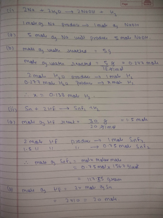 Page RANKA in Na + 240 2NaOH + H₂ - Imoloy Na produce I met a NaoH. Can 5 mole do No will malt dy math swached produce smolo