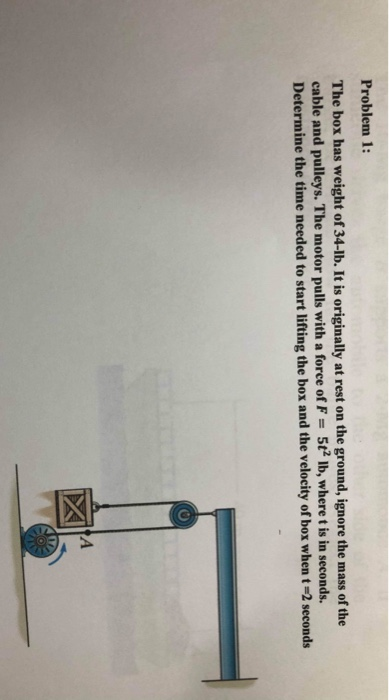 Problem 1: The box has weight of 34-lb. It is originally at rest on the ground, ignore the mass of the cable and pulleys. The