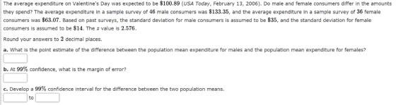 The average expenditure on Valentines Day was expected to be $100.89 (USA Today, February 13, 2006). Do male and female cons