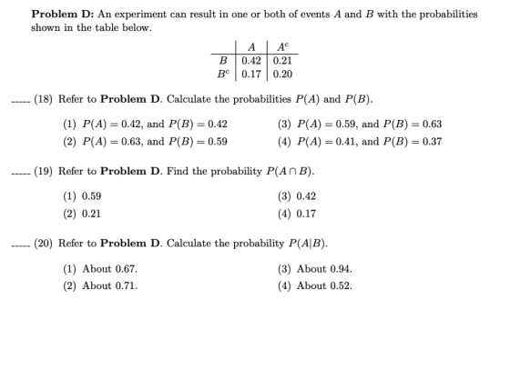Problem D: An experiment can result in one or both of events A and B with the probabilities shown in the table below. A B 0.4