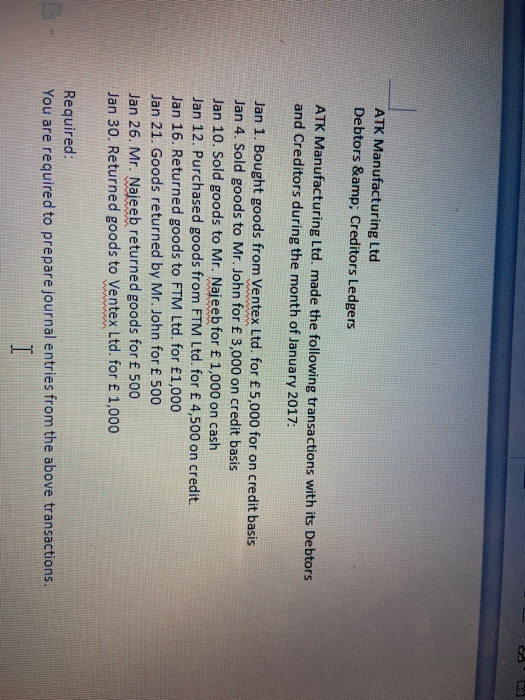 ATK Manufacturing Ltd Debtors &amp; Creditors Ledgers ATK Manufacturing Ltd. made the following transactions with its Debtors