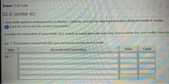 Score: 0 of 5 pts S2-5 (similar to) Lance Smith opened a medical practice in Stockton, California, and had the following tran