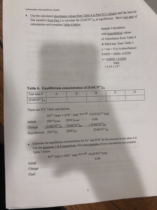 . Determination of an equilibrium constant Use the calculated absorbance values from Table 4 in Part II (y values and the bes
