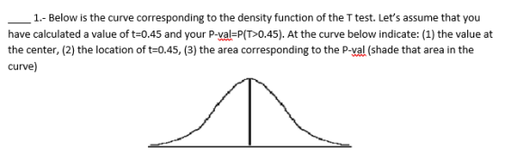 __1.- Below is the curve corresponding to the density function of the T test. Lets assume that you have calculated a value o
