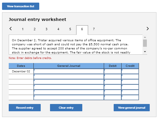 View transaction list Journal entry worksheet < 1 2 3 4 5 On December 2, Tristar acquired various items of office equipment.
