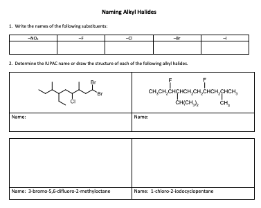 Naming Alkyl Halides 1. Wribe the names of the following sustents: 2. Determine the IUPAC name or draw the tructure of each o