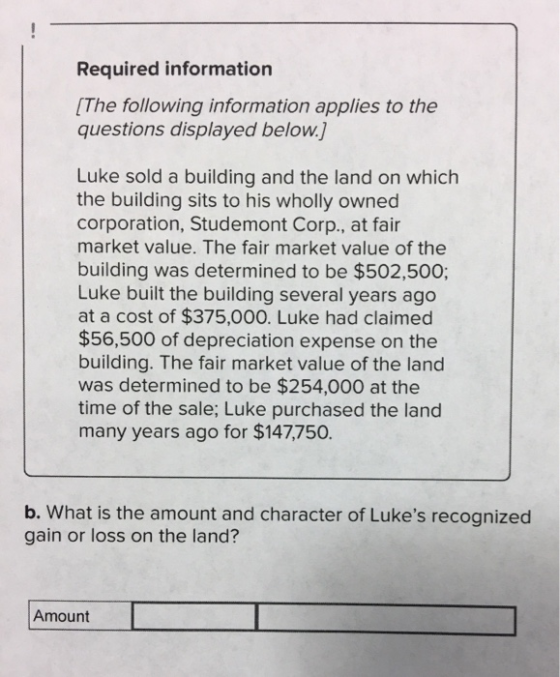Required information [The following information applies to the questions displayed below.] Luke sold a building and the land
