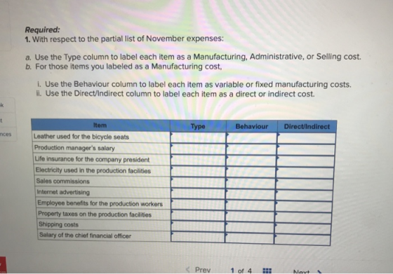 Required: 1. With respect to the partial list of November expenses: a. Use the Type column to label each item as a Manufactur