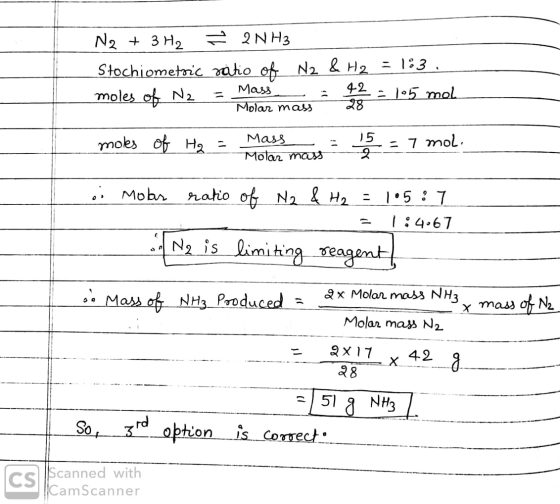 N2 + 3H2 = 2 NH3 Stochiometric vaitio of N2 & H2 = 183 . moles of N2 = Mass Motion mass = 105 mol moles of Hg = Mass = 5 - 7