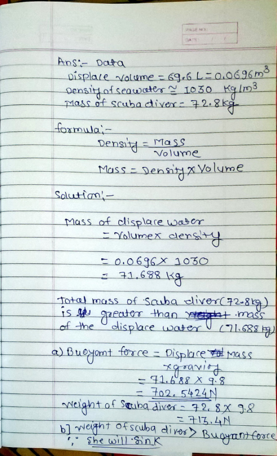 | PAGE ) Ans Data 2 Displave mass off scuba divec- 32. foxmula Volurne olume Solutiam Mass of clisplare wasem こー31,688ド otal mass of Scuba clive (2-8 af he lisplace water MaSS 702. 5424N oce