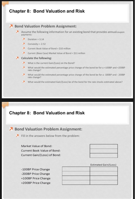 Chapter 8: Bond Valuation and Risk Bond Valuation Problem Assignment: Assume the following information for an existing bond t