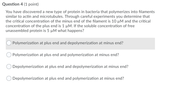 Question 4 (1 point) You have discovered a new type of protein in bacteria that polymerizes into filaments similar to actin a