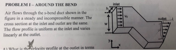 PROBLEM I-AROUND THE BEND inlet Air flows through the s-bend duct shown in the figure in a steady and incompressible manner. The cross section at the inlet and outlet are the same. The flow profile is uniform at the inlet and varies linearly at the outlet. Li A) What is the Velocity profile at the outlet in terms