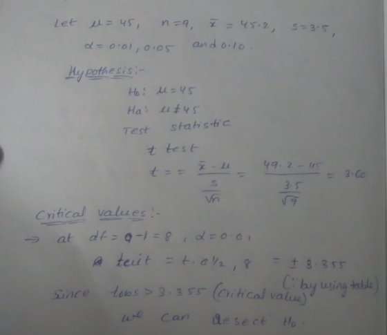 le匕 사= d= 0-ol 』o.os- an d 0-10 Test stahs c t test : 3 Gc 3- 5 Critical values、“ ด teu t = t.ey. , 8 ±8.3ss C: Since loes>3.3 loihical val usina tedsla Can Lesect Ho