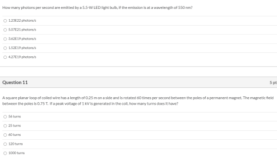 How many photons per second are emitted by a 5.5-W LED light bulb, if the emission is at a wavelength of 550 nm? O 1.23E22 ph