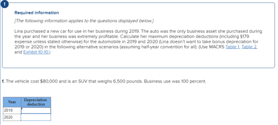 Required information [The following information applies to the questions displayed below.) Lina purchased a new car for use i