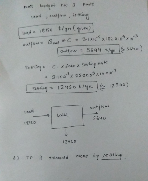 mass budget nos 3 Parts load , outflow, settling load 18150 tlyn (given) outflow - Sout C = 3.1x105 x 182 x 109 x 103 outflow