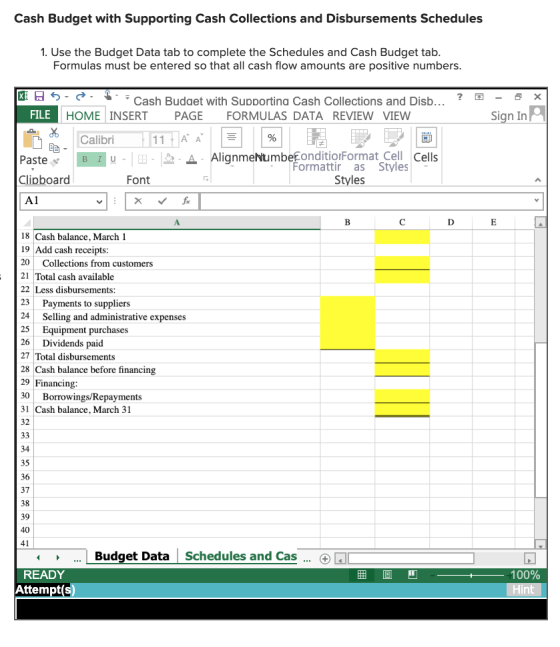 Cash Budget with Supporting Cash Collections and Disbursements Schedules 1. Use the Budget Data tab to complete the Schedules